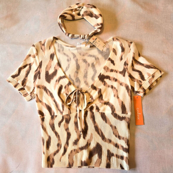 COLSIE Cropped Ribbed Waist Cream Brown Animal Print Headband Shirt Set Sz XS - Picture 1 of 7